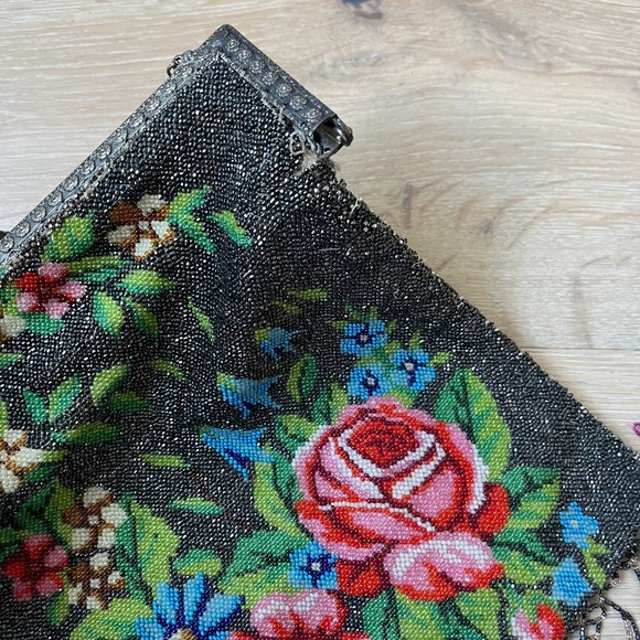 Antique Micro Beaded Purse 1900s Rose Flowers Victorian Handbag Vtg *Y17 - Picture 5 of 10